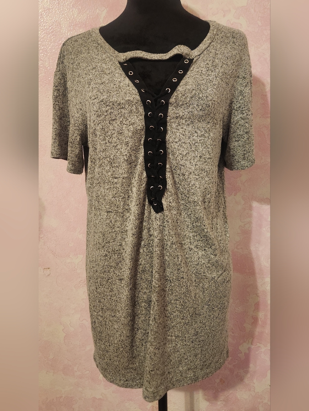Better Be Grey Knit Tunic with Black Lace-Up Detail